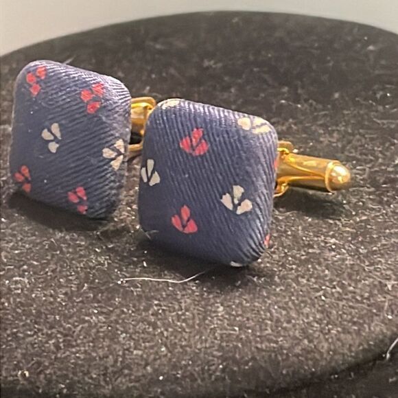 1” gold tone cuff links w/blue Damask fabric red white Fleur de Lis bullet back - Picture 4 of 11